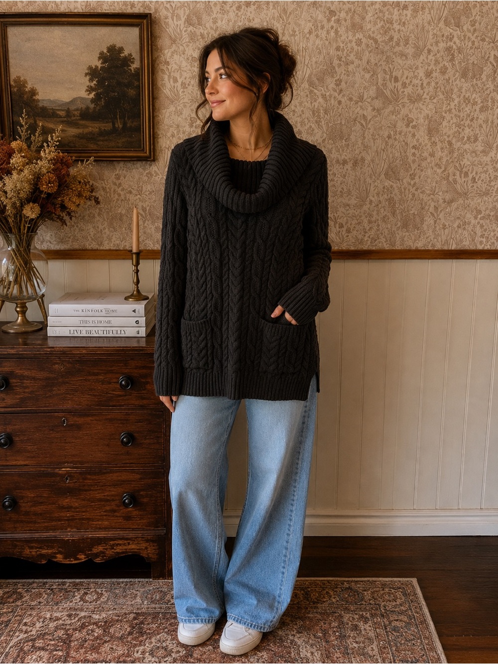Cozy Cable Knit Cowl Neck Sweater - charcoal